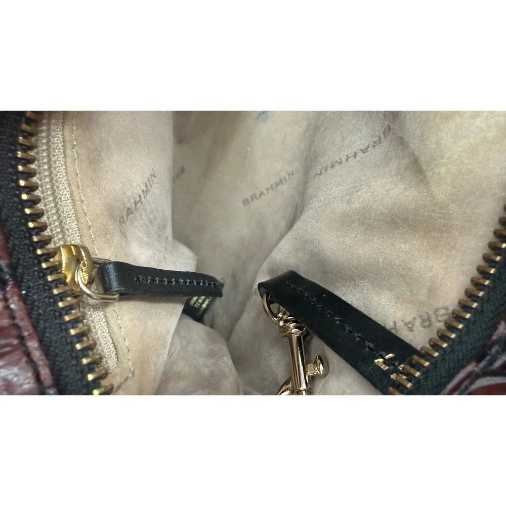 VTG Brahmin Croc Embossed Leather‎ Crossbody Bag Brown Black Suede Turnlock USA
